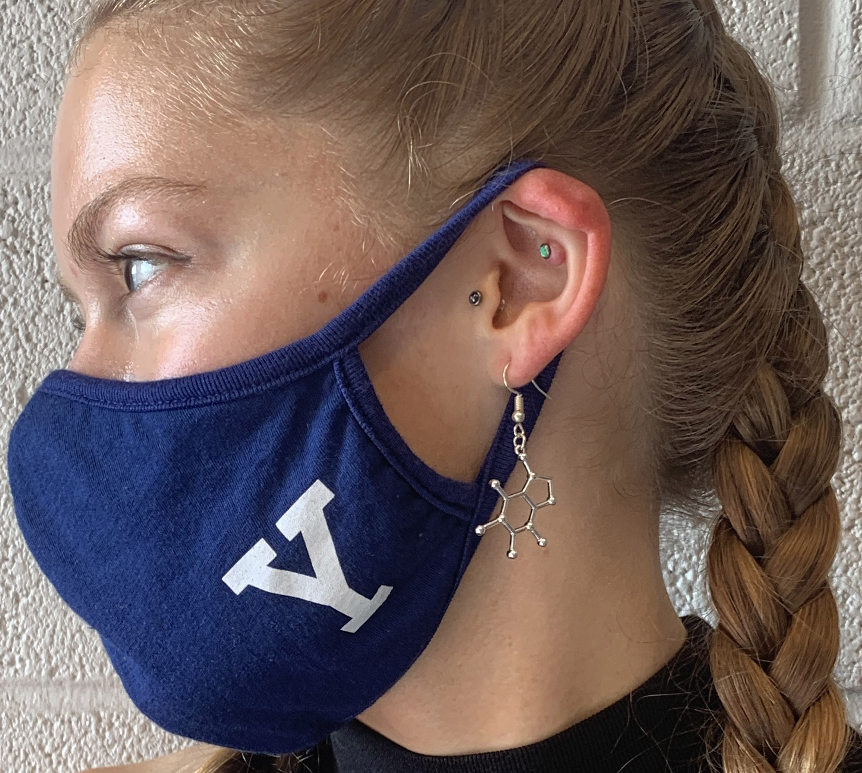 face mask and earring on woman