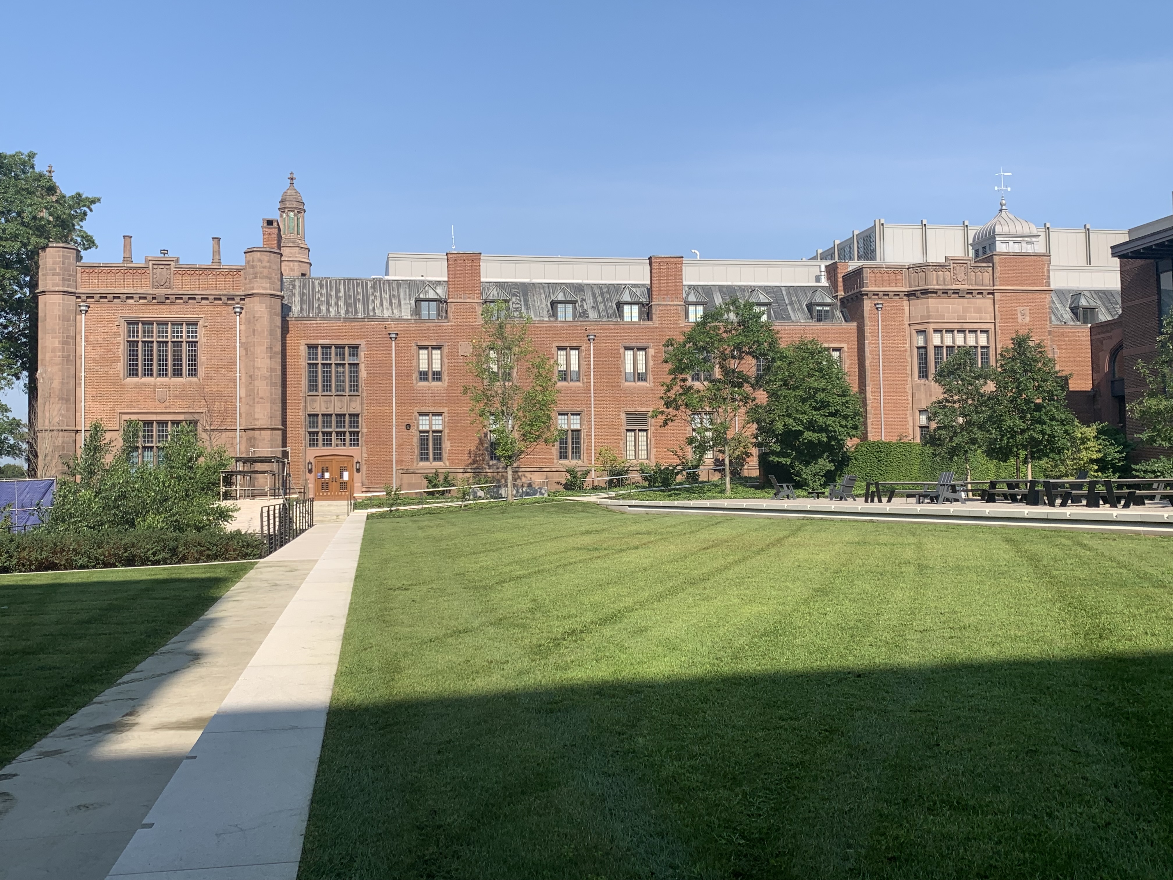 long brick building and grass