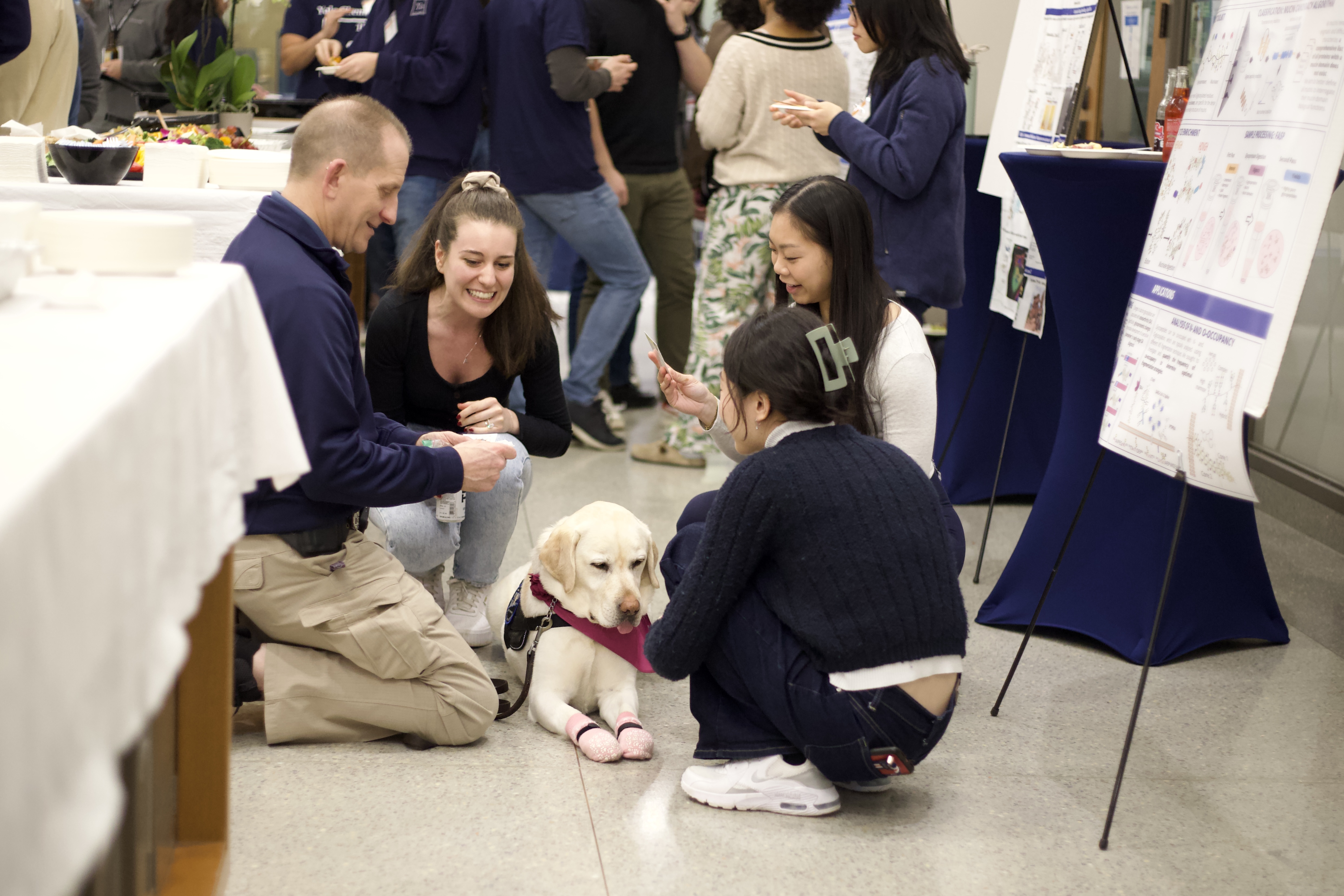 students squatting around dog