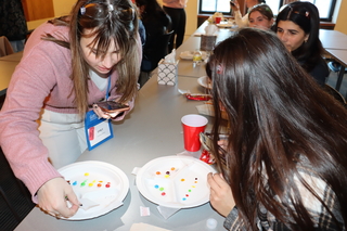 girls at table with plates of candy