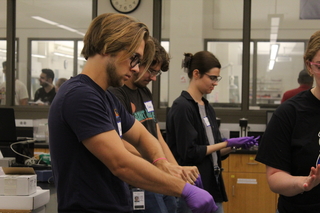 people in lab putting on gloves