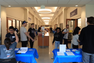 tables and people in hallway