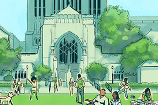 illustration of library and field