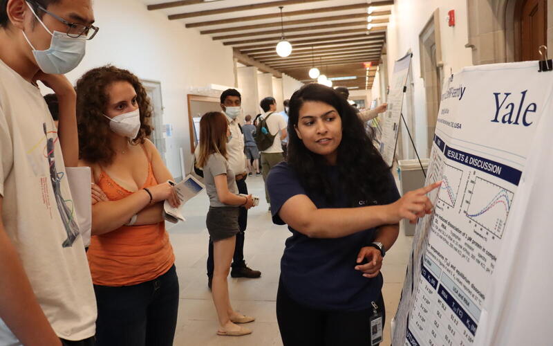 Students looking at poster