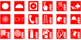 red and white icons of safety objects