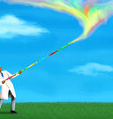 Illustration of man in lab coat spraying colorful chemical products in air