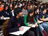 Yale College students are enthralled by a lecture in an introductory organic chemistry lecture.